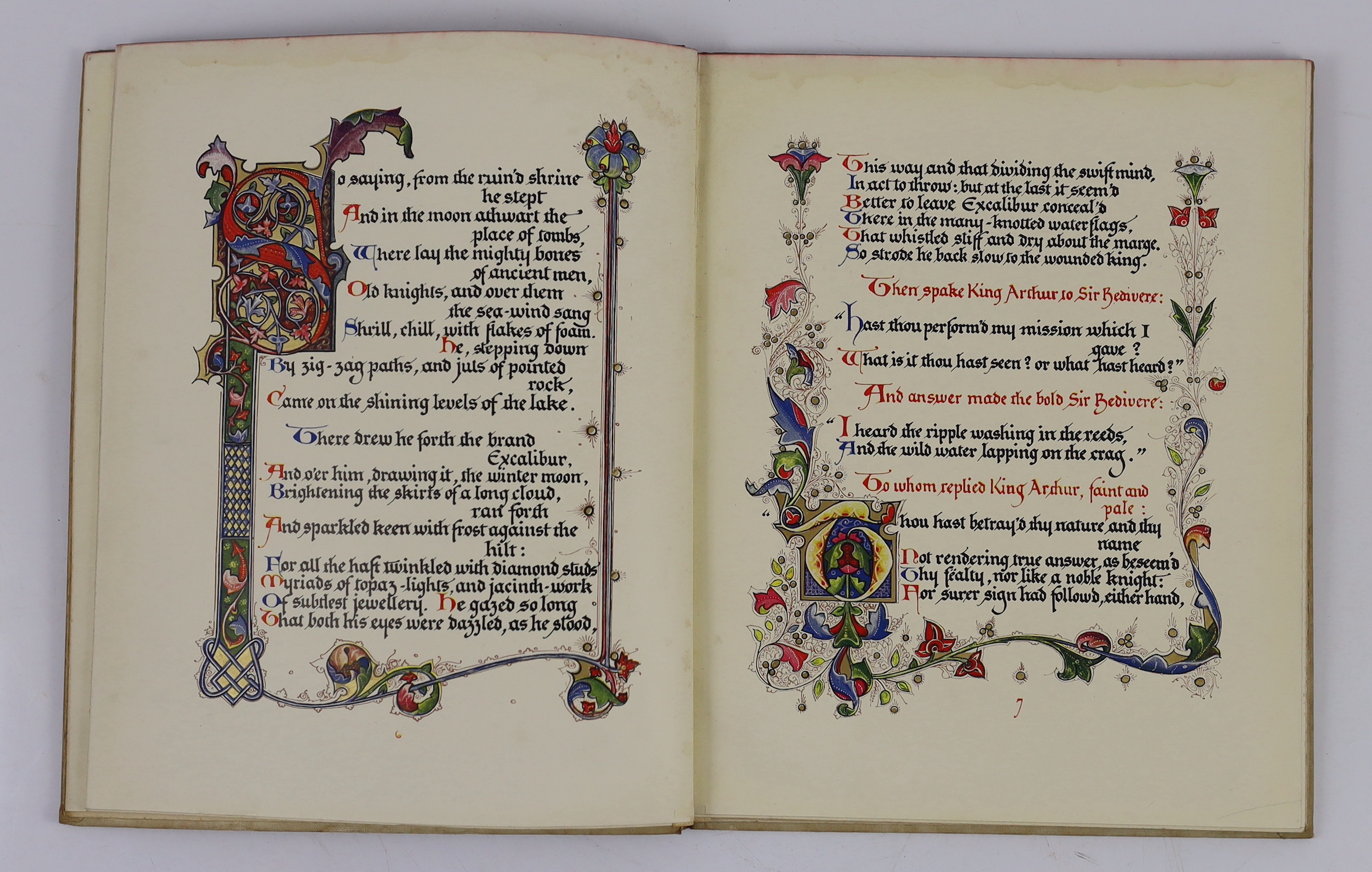 Tennyson, Alfred - Morte D'Arthur: a poem ... title and 22 illuminated leaves (in gold and colour, by Alberto Sangorski); original decorated cloth, entirely unopened, sm.4to. Oxford: Basil Blackwell, 1937